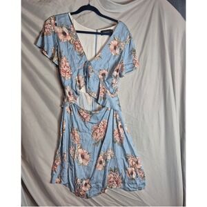 MINKPINK Blue Floral Cutout Mini Dress Womens Size‎ S Short Sleeve Tie Front